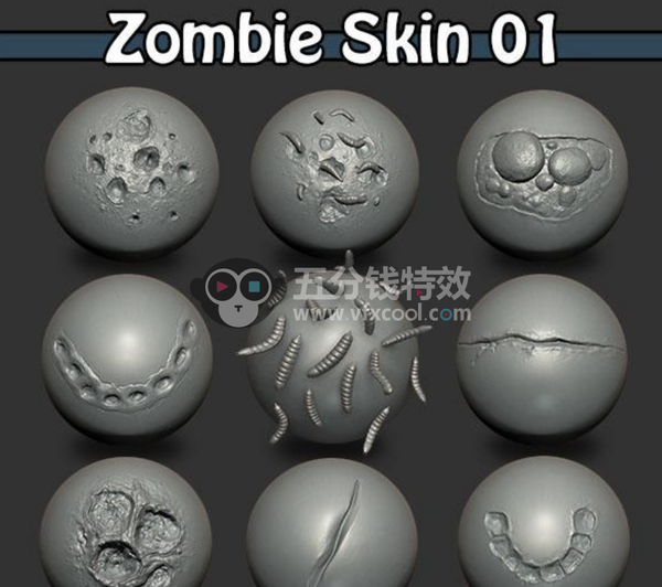 Zbrush 僵尸皮肤雕刻笔刷!生化模型专用笔刷
