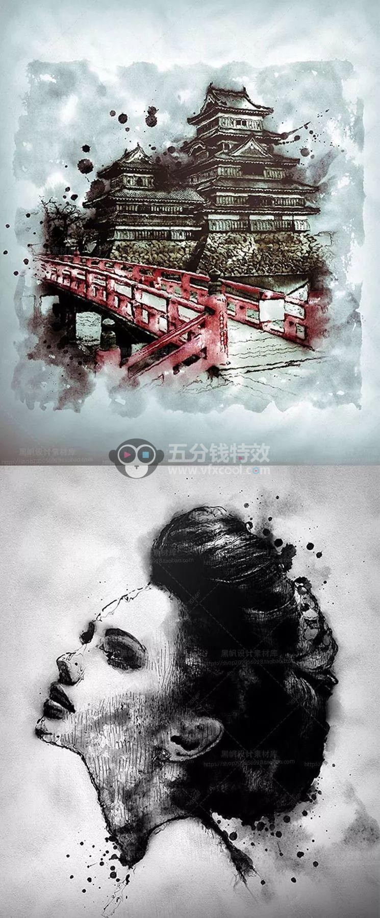 PS火焰／水墨／羽毛／水纹／魔法光／飞溅粒子／雪景特效制作合集，一键生成！