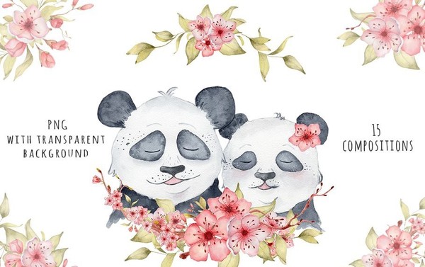 [剪贴素材]  可爱的熊猫和樱花水彩画剪贴素材！