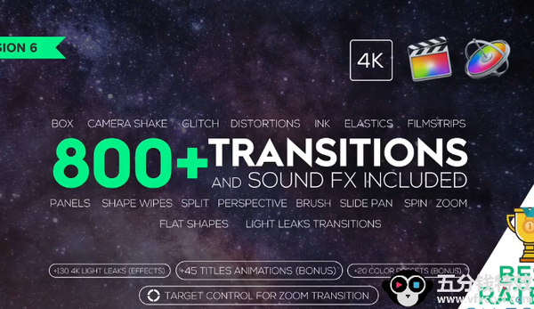 FCPX插件:803个冲击缩放平移滑动扭曲水墨炫光转场+音效素材 v6!