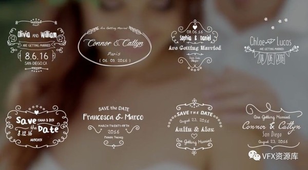 FCPX插件-8种手绘线条婚礼名字日期标题动画
