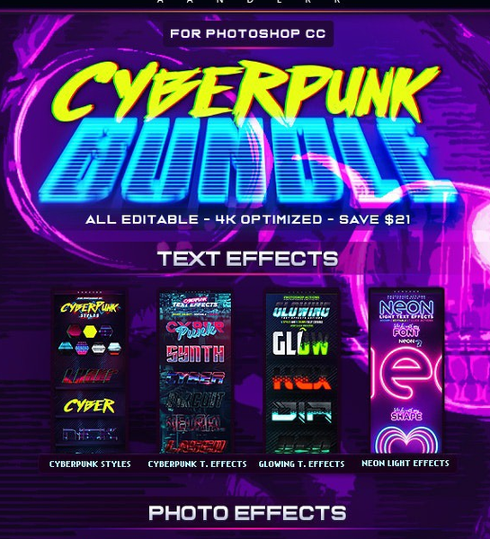 [3D样式] [插件发布] 赛博朋克霓虹灯.全息效果Photoshop素材套装(样式,PSD.动作.)