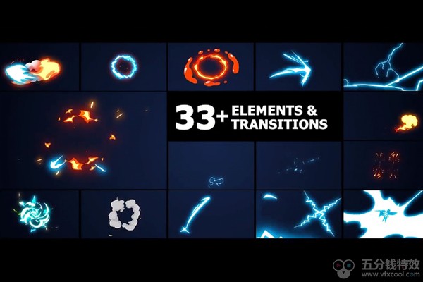 达芬奇模板-33个动漫卡通能量电流火焰MG动画和转场 Elements And Transitions