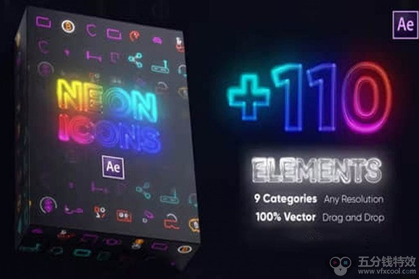 AE模板-110个霓虹发光线条图标动画 Neon Icons Essential Pack