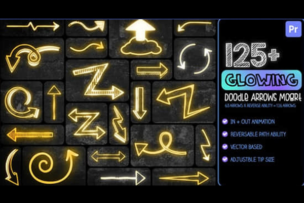 PR模板-霓虹发光涂鸦箭头图形动画 Glowing Doodle Arrows Mogrt