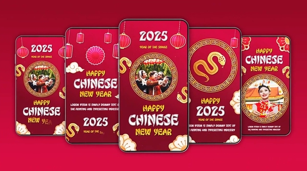 AE模板-中国农历蛇年2025新年快乐红色喜庆竖屏封面海报动画
