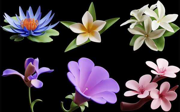 卡通花卉鲜花向日葵郁金香莲花菊花百合花朵3D立体C4D模型obj素材