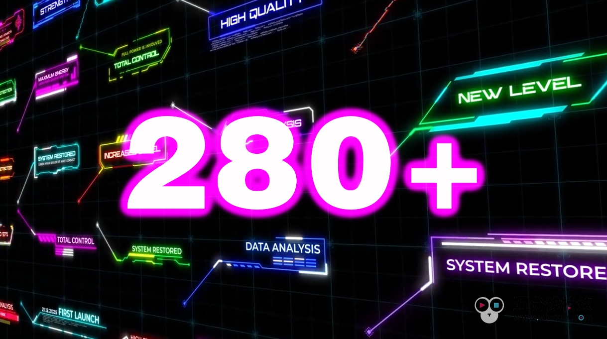 AE模板-280个科技感霓虹发光故障干扰指示线呼出注释动画