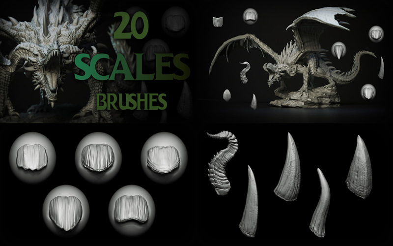 ZBrush生物鳞片皮肤尖刺笔刷 怪物动物号角蛇蜥蜴皮肤雕刻zb笔刷