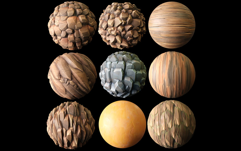 Blender卡通风格化石头木头材质球碎石地面木材木头4K纹理贴图